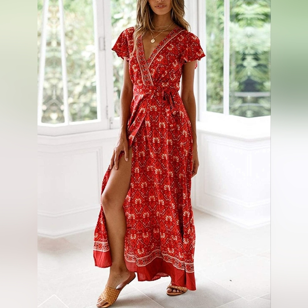 Boho Floral Printed Wrap Maxi Dress Size L